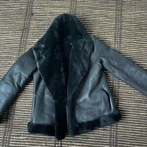 Theory Clairene Moto Black Shearling Leather Reversible Coat Jacket $2,395